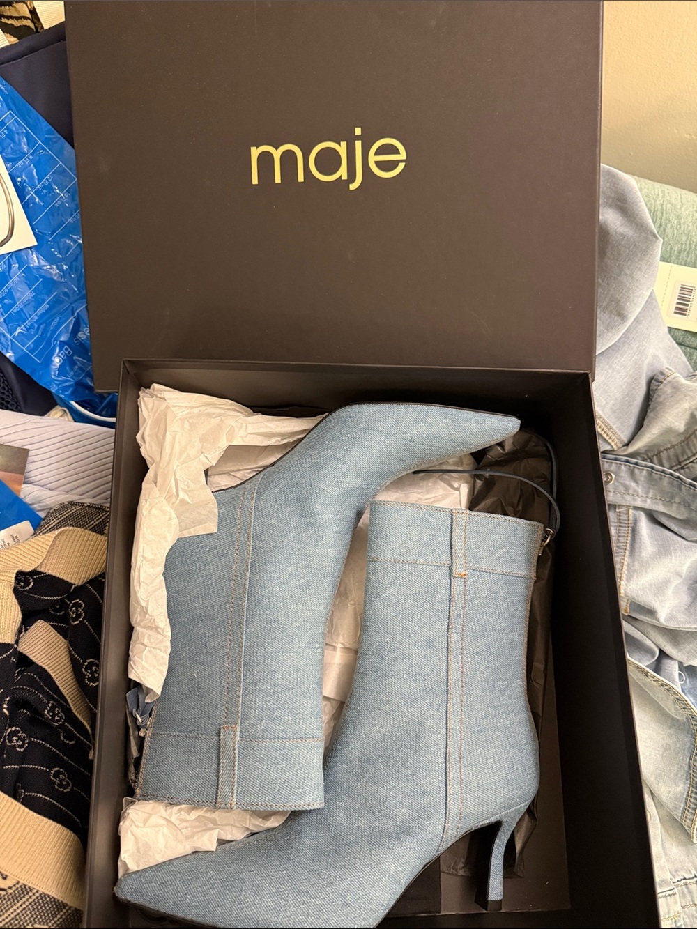 Maje Light Blue Denim Pointed Toe Mid-Heel Boots